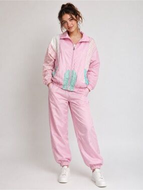 Lavon Vintage 80s/90’s Pastel Colorblock Track  Suite Pink Gingham Zip Up Sz. M